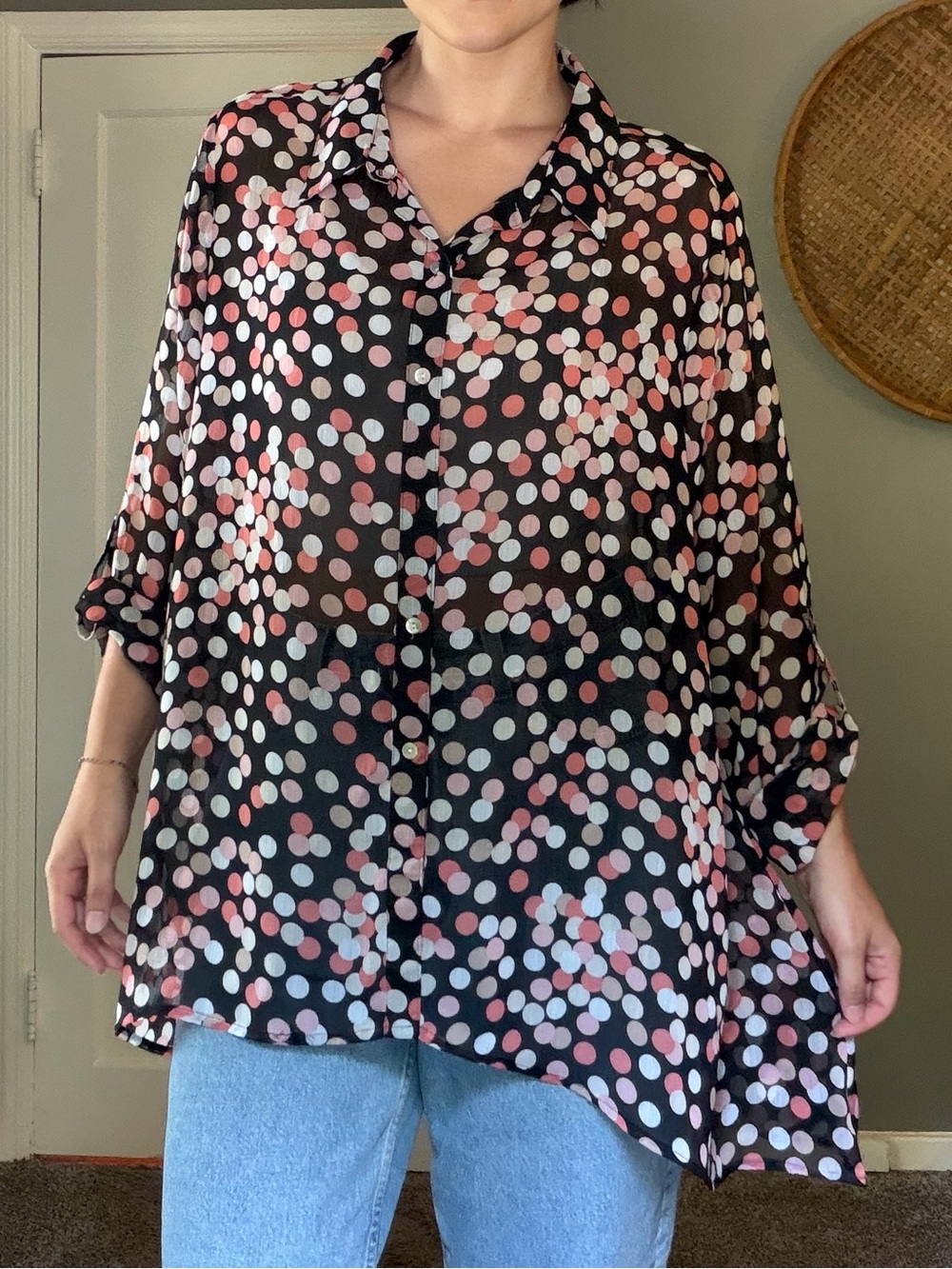 NY Collection Black Lightweight Button-Up Blouse with Pink & White Polka Dots